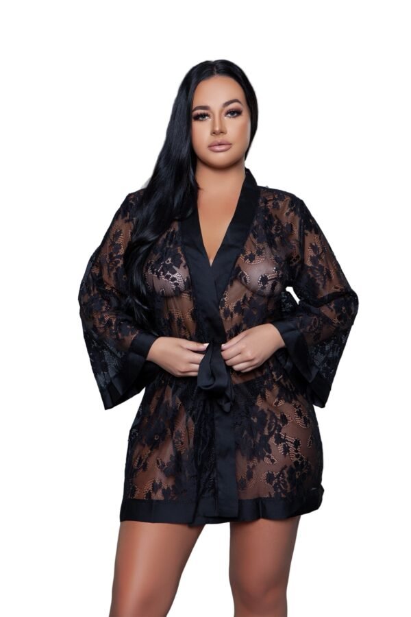 Plus Size Floral Lace Robe With Satin Trim 9 Plus Size Floral Lace Robe With Satin Trim LuckeLadybug LLC plus size model wearing black floral lace robe with satin trim short sheer kimono style robe