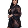 LuckeLadybug LLC plus size model wearing black floral lace robe with satin trim and satin waist tie