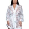 LuckeLadybug LLC model wearing floral lace robe with satin trim short sheer white belted kimono
