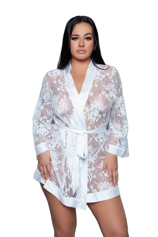 Plus Size Floral Lace Robe With Satin Trim 10 Plus Size Floral Lace Robe With Satin Trim LuckeLadybug LLC model wearing floral lace robe with satin trim short sheer white belted kimono