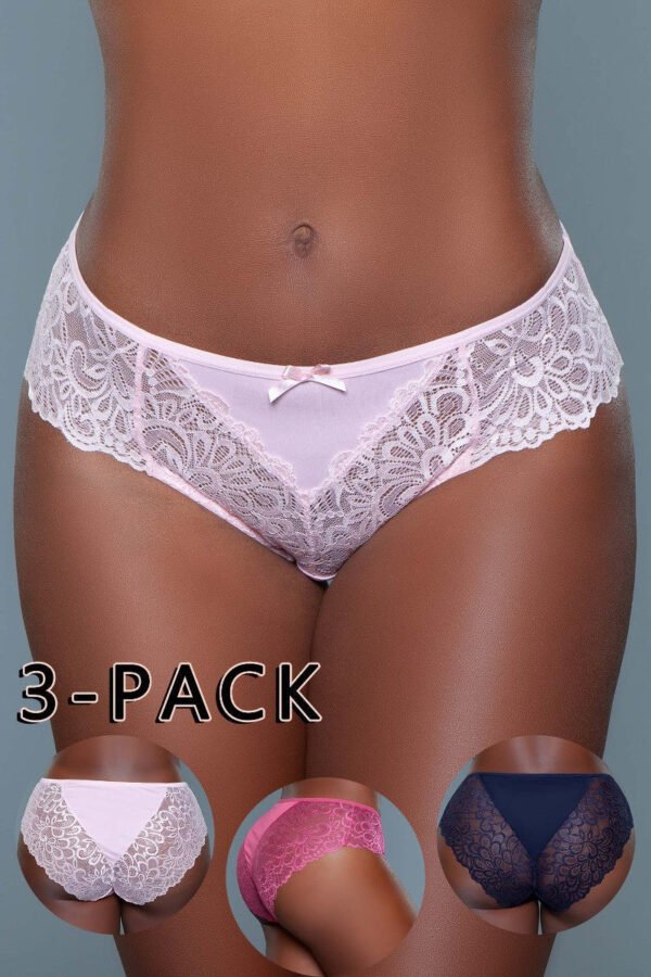 Lace Bikini Briefs 3 Pack Low-Rise Comfort 6 Lace Bikini Briefs 3 Pack Low-Rise Comfort LuckeLadybug LLC lace bikini briefs 3 pack modeled in pink with inset white pink and navy lace back views