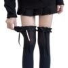JK Lolita thigh high stockings in black with ruffled tops and ribbon ties for stylish outfits