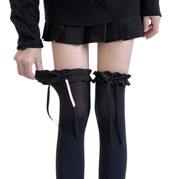 Jk Lolita Thigh High Stockings By LLC 11 Jk Lolita Thigh High Stockings By LLC JK Lolita thigh high stockings in black with ruffled tops and ribbon ties for stylish outfits