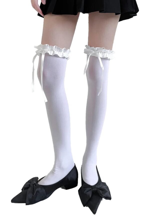 Jk Lolita Thigh High Stockings By LLC 12 Jk Lolita Thigh High Stockings By LLC White JK Lolita thigh high stockings with ruffled tops and ribbon ties, perfect for a cute outfit