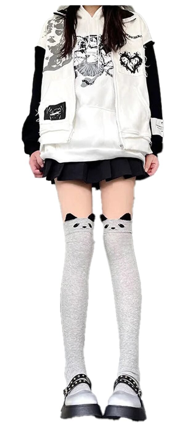 Kawaii cat over the knee socks in gray featuring adorable cat faces, perfect for a cute fashion look