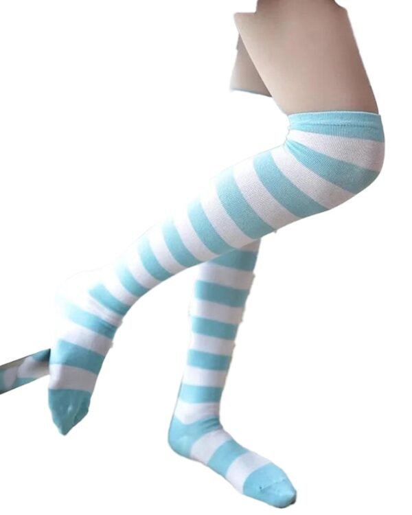 LuckeLadybug LLC kawaii striped knee high socks in light blue and white for playful outfits