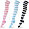 LuckeLadybug LLC kawaii striped knee high socks in pink, blue, and black for a playful look