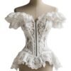 Elegant lace ruffle corset top in white with off-shoulder sleeves and flared hem, perfect for special occasions