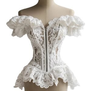 Elegant white lace ruffle corset top with off-shoulder design and intricate lace detailing