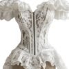 White lace ruffle corset top with floral design and off-the-shoulder sleeves