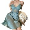 LuckeLadybug LLC lace satin camisole nightgown in a soft blue fabric with delicate lace detailing