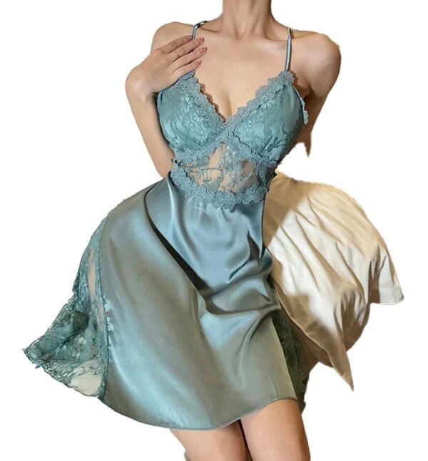Lace Satin Camisole Nightgown In Aqua 20 Lace Satin Camisole Nightgown In Aqua LuckeLadybug LLC lace satin camisole nightgown in a soft blue fabric with delicate lace detailing