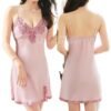 Elegant pink lace satin nightdress for women with intricate embroidery and adjustable straps