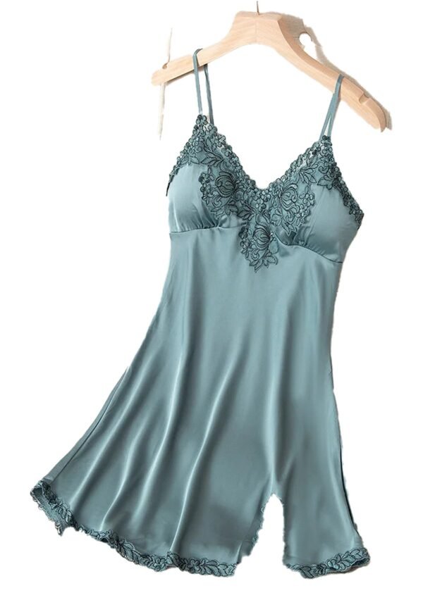 Lace Satin Nightdress For Women 53 Lace Satin Nightdress For Women Lace satin nightdress for women in teal with elegant detailing and adjustable straps