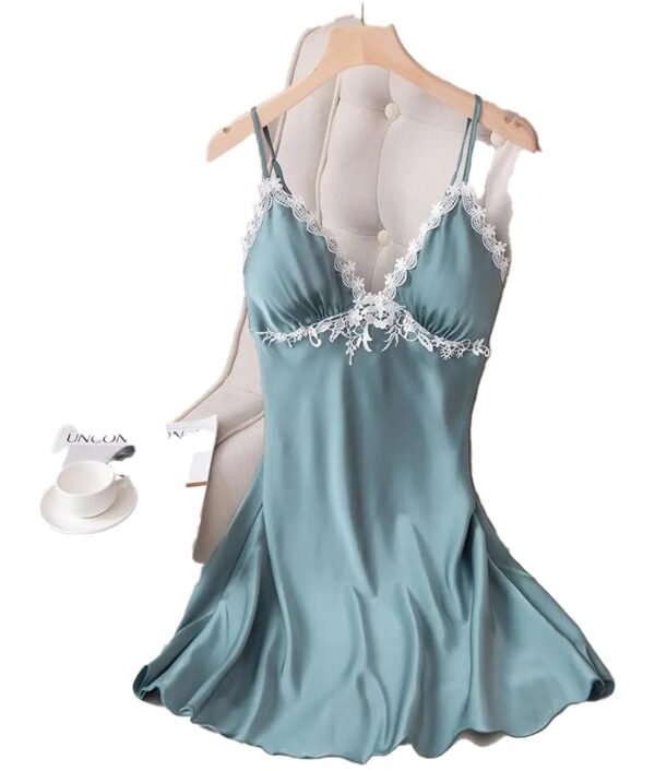 Lace Satin Nightdress For Women 49 Lace Satin Nightdress For Women LuckeLadybug LLC lace satin nightdress for women in soft teal color with elegant lace detailing