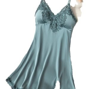 Elegant lace satin nightdress for women in teal with floral lace detailing and adjustable straps