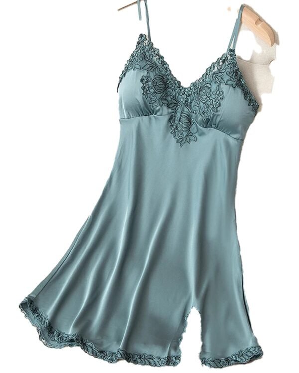 Lace Satin Nightdress For Women 37 Lace Satin Nightdress For Women Elegant lace satin nightdress for women in teal with floral lace detailing and adjustable straps