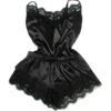 Black lace satin pajama set for women featuring a delicate lace trim on the top and shorts