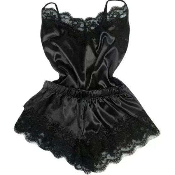 Lace Satin Pajama Set For Women 26 Lace Satin Pajama Set For Women Black lace satin pajama set for women featuring a delicate lace trim on the top and shorts