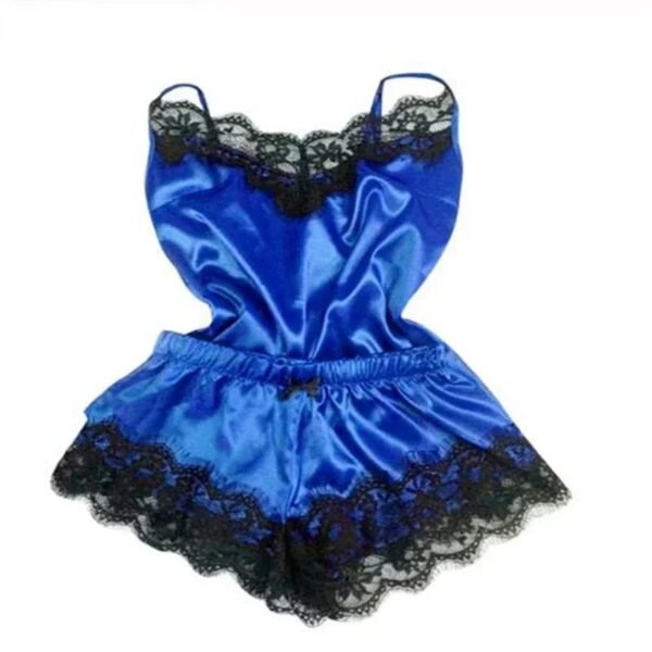 Lace Satin Pajama Set For Women 25 Lace Satin Pajama Set For Women Elegant blue lace satin pajama set for women with intricate black lace trim and comfortable fit