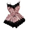Lace satin pajama set for women in soft pink with black lace trim and comfortable fit