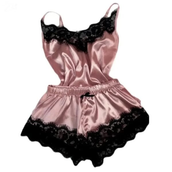 Lace Satin Pajama Set For Women 27 Lace Satin Pajama Set For Women Lace satin pajama set for women in soft pink with black lace trim and comfortable fit