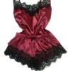 Luxe red lace satin pajama set for women featuring delicate black lace trim