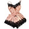 Lace satin pajama set for women in soft pink with black lace trim and elastic waistband shorts