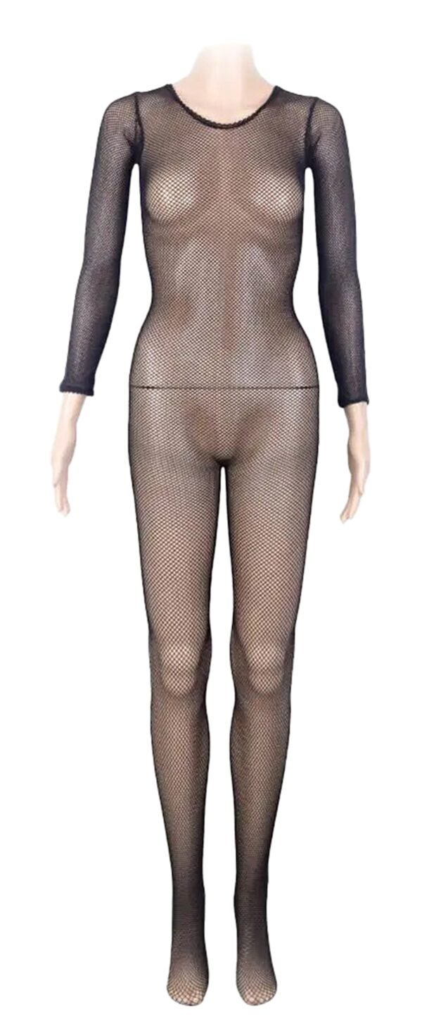 LuckeLadybug LLC Latin ballroom fishnet jumpsuit in black with long sleeves and full body coverage