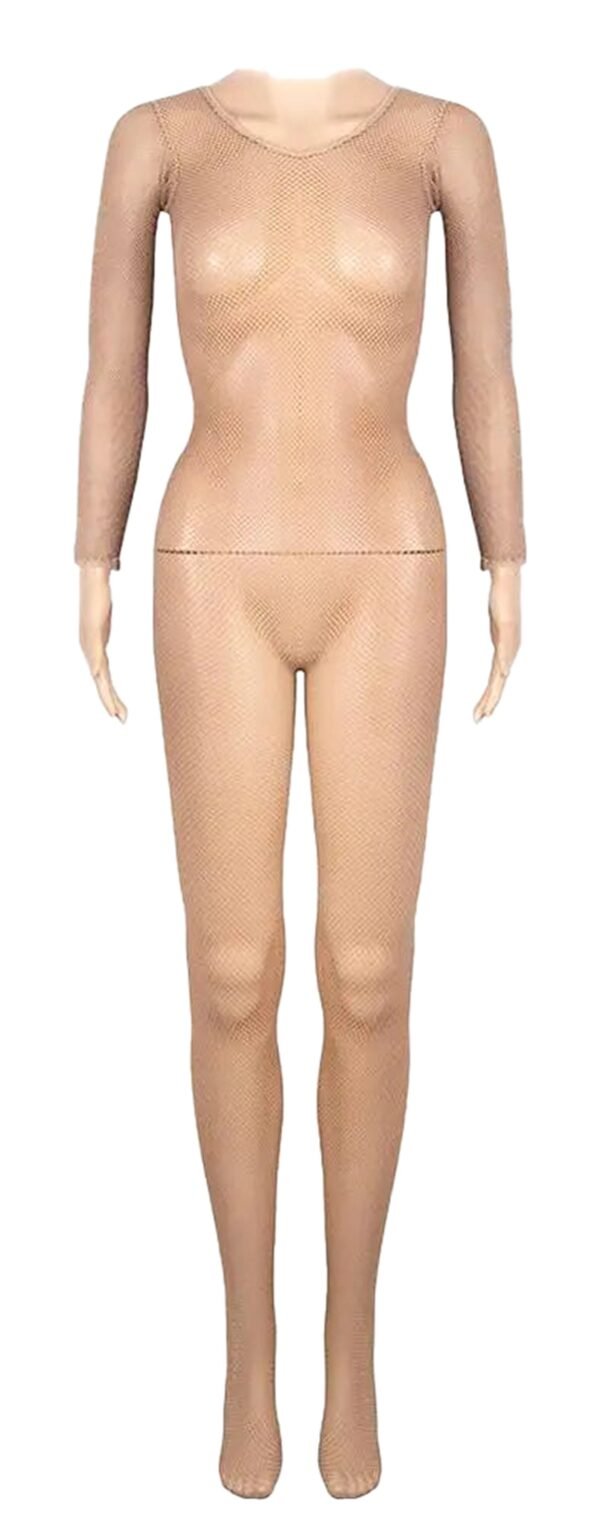 LuckeLadybug LLC Latin ballroom fishnet jumpsuit featuring long sleeves for elegant dance performances