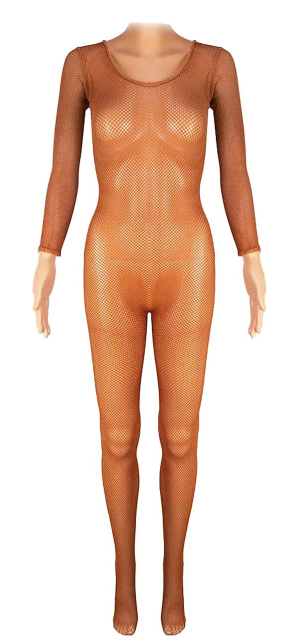 LuckeLadybug LLC Latin ballroom fishnet jumpsuit in tan with long sleeves and full coverage for dance performances