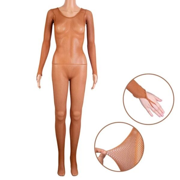 LuckeLadybug LLC Latin ballroom fishnet jumpsuit in tan with long sleeves and stretchy fabric
