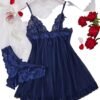 Navy blue babydoll lingerie featuring lace details and a matching thong, perfect for sensual occasions
