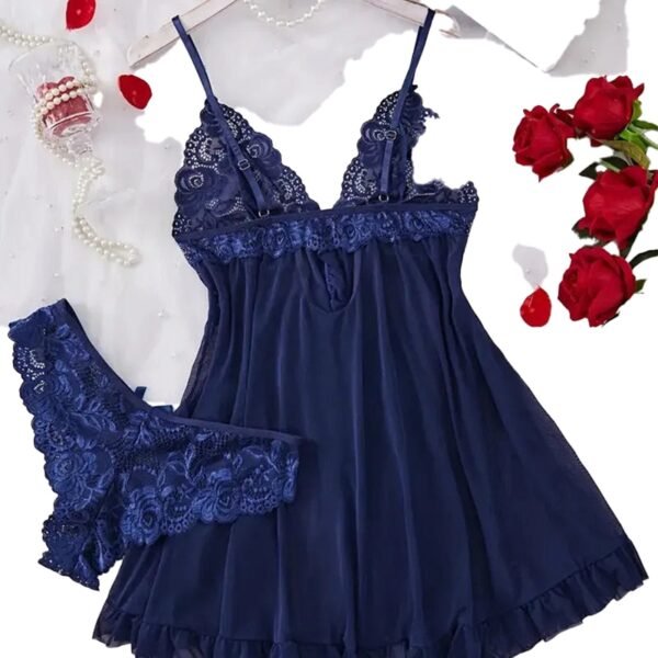 Red Lace Lingerie Set Babydoll Dress 21 Red Lace Lingerie Set Babydoll Dress Navy blue babydoll lingerie featuring lace details and a matching thong, perfect for sensual occasions