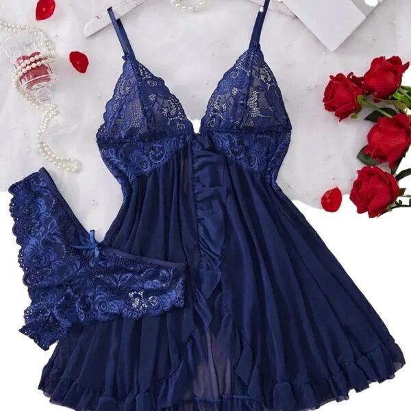 Red Lace Lingerie Set Babydoll Dress 23 Red Lace Lingerie Set Babydoll Dress Luxurious navy babydoll lingerie set with intricate lace and matching thong for a romantic night