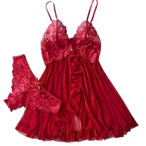 Red lace lingerie set featuring a delicate babydoll with matching panties for a romantic look