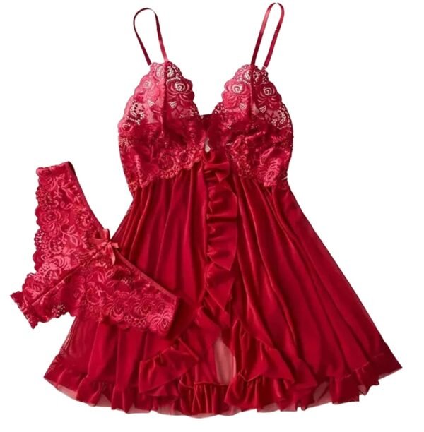 Red Lace Lingerie Set Babydoll Dress 17 Red Lace Lingerie Set Babydoll Dress Red lace lingerie set featuring a delicate babydoll with matching panties for a romantic look