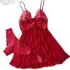 Stunning red lace lingerie set featuring a babydoll dress and matching panties for a seductive look