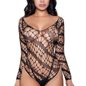 LuckeLadybug LLC model wearing a sexy black mesh bodysuit long sleeve fishnet bodystocking with plunging neckline