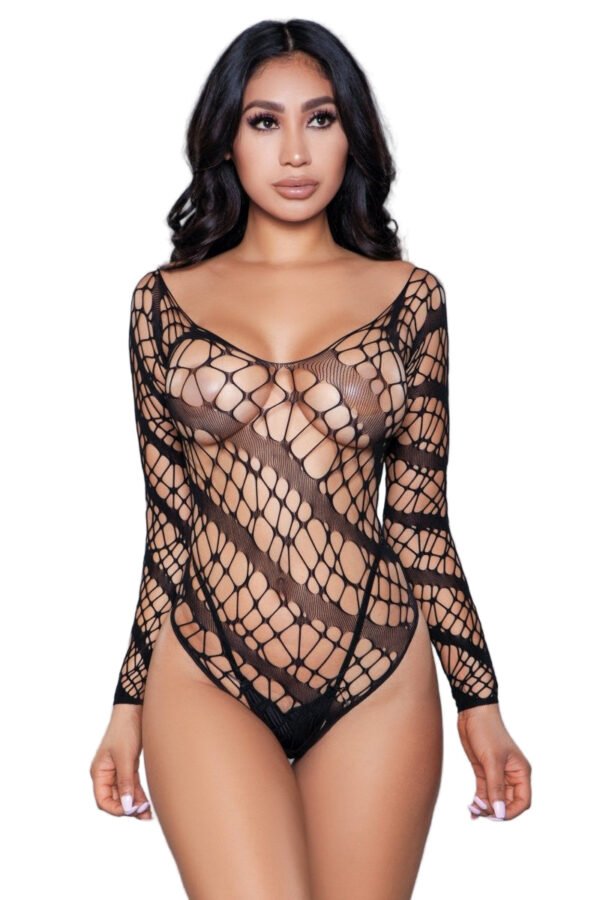 LuckeLadybug LLC model wearing a sexy black mesh bodysuit long sleeve fishnet bodystocking with plunging neckline