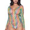Model wearing colorful long sleeve fishnet bodystocking photographed for LuckeLadybug LLC selling sexy black mesh bodysuit