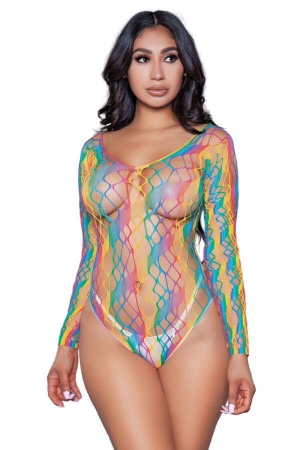 Model wearing colorful long sleeve fishnet bodystocking photographed for LuckeLadybug LLC selling sexy black mesh bodysuit
