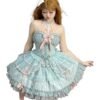 Girl in a light blue dress with bows and lace detailing, featuring a sweet lolita corset skirt