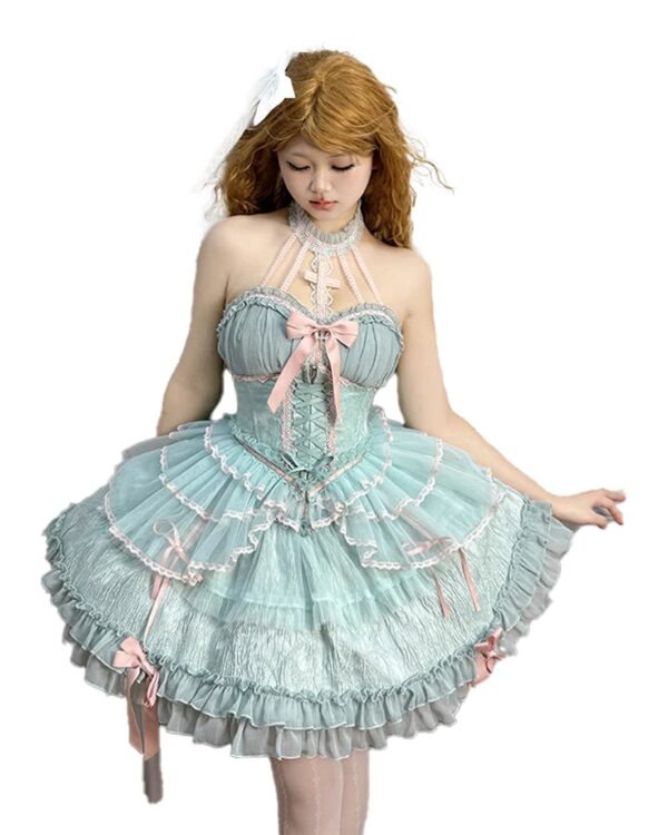 Sweet Lolita Corset Skirt Pre-Order 78 Sweet Lolita Corset Skirt Pre-Order Girl in a light blue dress with bows and lace detailing, featuring a sweet lolita corset skirt