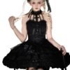 Elegant black sweet lolita corset skirt with ruffles and lace detail, worn by model in gothic setting