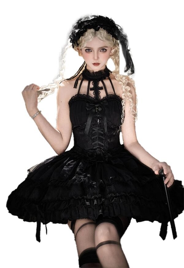 Sweet Lolita Corset Skirt Pre-Order 72 Sweet Lolita Corset Skirt Pre-Order Elegant black sweet lolita corset skirt with ruffles and lace detail, worn by model in gothic setting