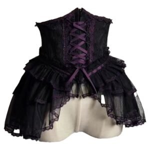 Elegant black and purple sweet lolita corset skirt with lace details and ruffled layers