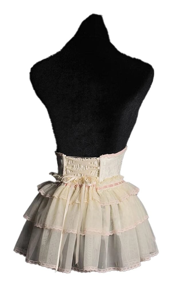 Sweet Lolita Corset Skirt Pre-Order 82 Sweet Lolita Corset Skirt Pre-Order Back view of a sweet lolita corset skirt with layered ruffles and lace trim in soft pastel colors