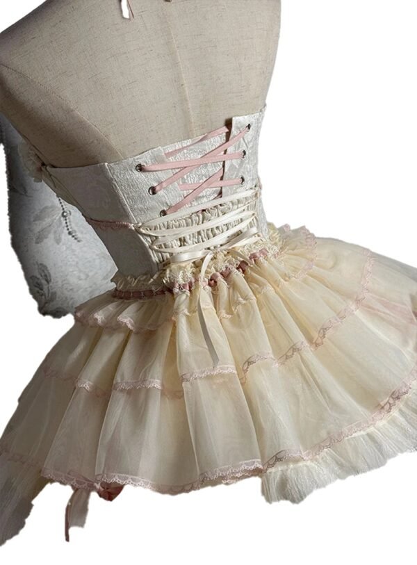Sweet Lolita Corset Skirt Pre-Order 85 Sweet Lolita Corset Skirt Pre-Order Sweet Lolita corset skirt in cream with lace trim and pink ribbon detailing, perfect for elegant outfits