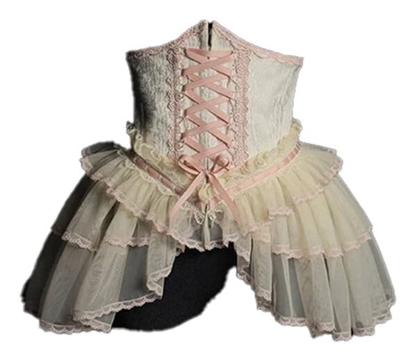 Sweet Lolita Corset Skirt Pre-Order 80 Sweet Lolita Corset Skirt Pre-Order LuckeLadybug LLC Sweet Lolita Corset Skirt with Ruffled Layers and Pink Lace Details